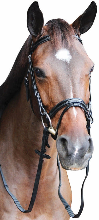 Henri de Rivel Pro Piaffe Mono Crown Bridle with Flash Noseband with Patent Leather and webbed rubber reins with leather stops - One Eyed Pony