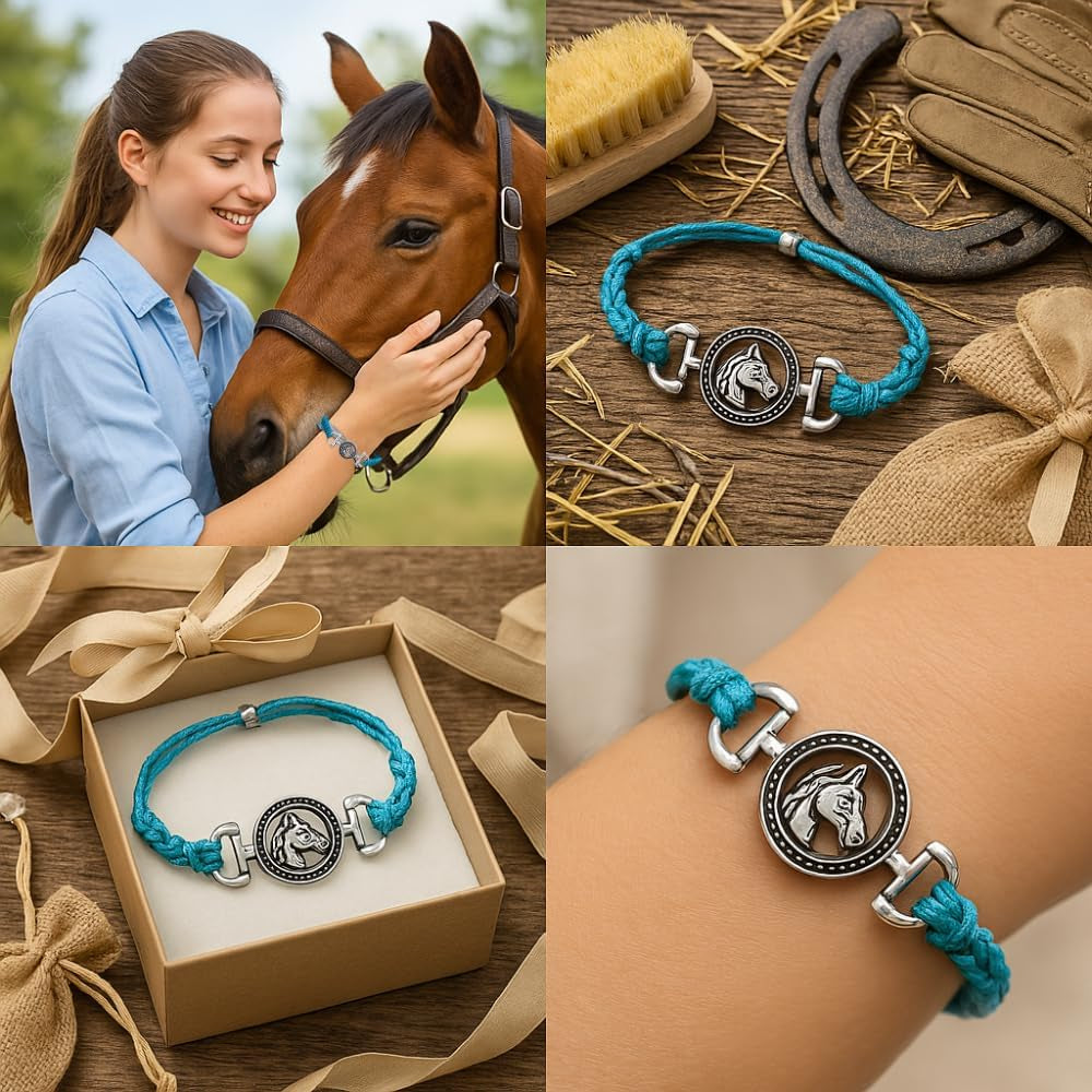 Horse Bit Charm Bracelet, Horse Lovers Equestrian Jewelry - Adjustable Friendship Braided String Stirrup Bracelet for Women,